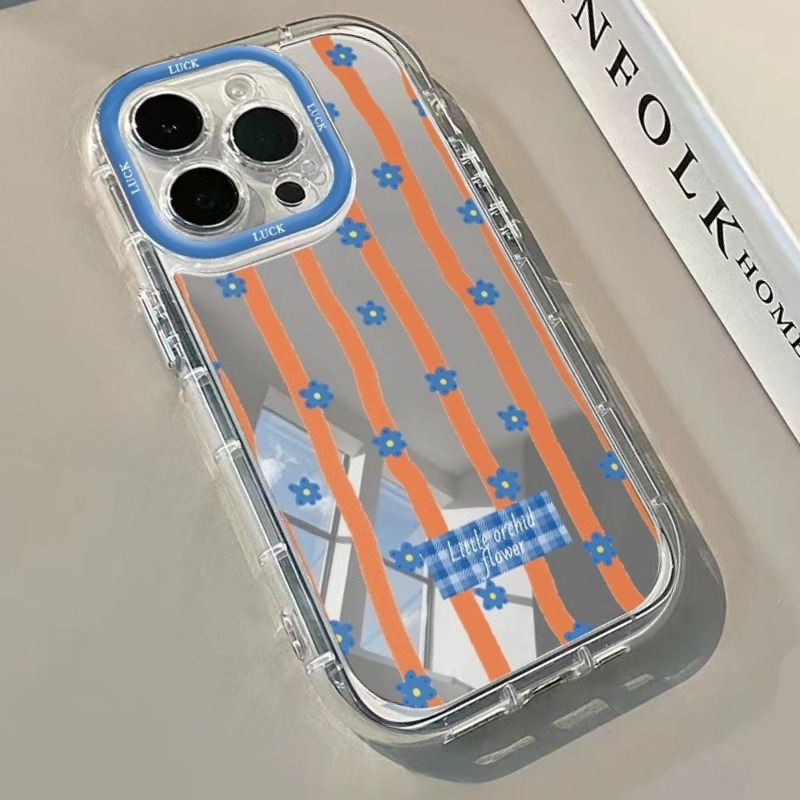 Plants X - 青い縞模様の花柄ミラー付きスマホケース iPhone 11 12 13 14