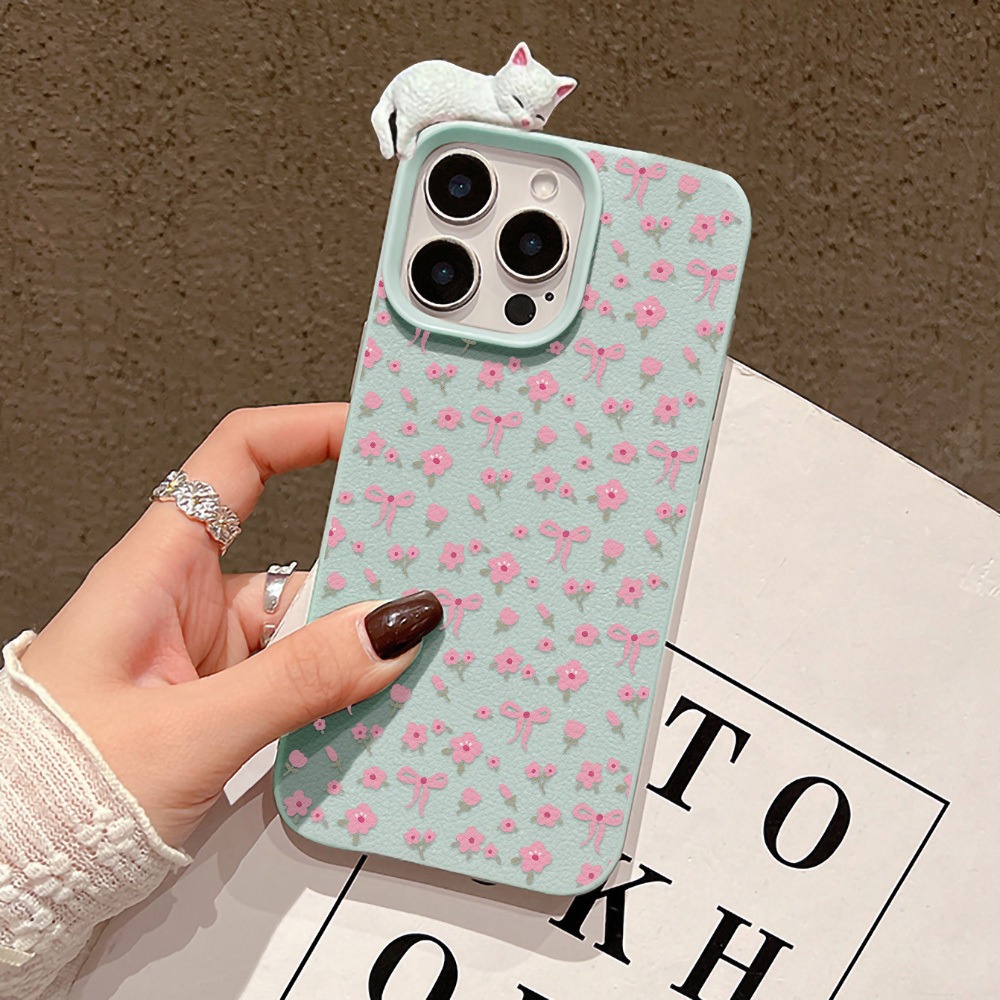 Plants X - 可愛いリボンフラワーと3Dキュートな猫のレザー製スマホケース iPhone 15 14 13 17