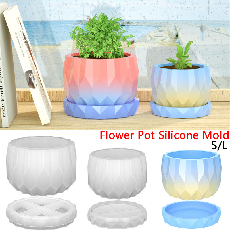Plant Parents - コンクリート植木鉢とソーサー用のシリコンプランター型,DIYダイヤモンド型,ファセット花瓶,庭の装飾,1セット