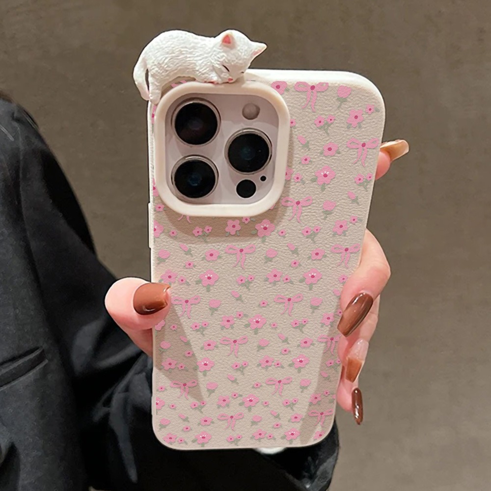 可愛いリボンフラワーと3Dキュートな猫のレザー製スマホケース - Plants X のレビューと価格