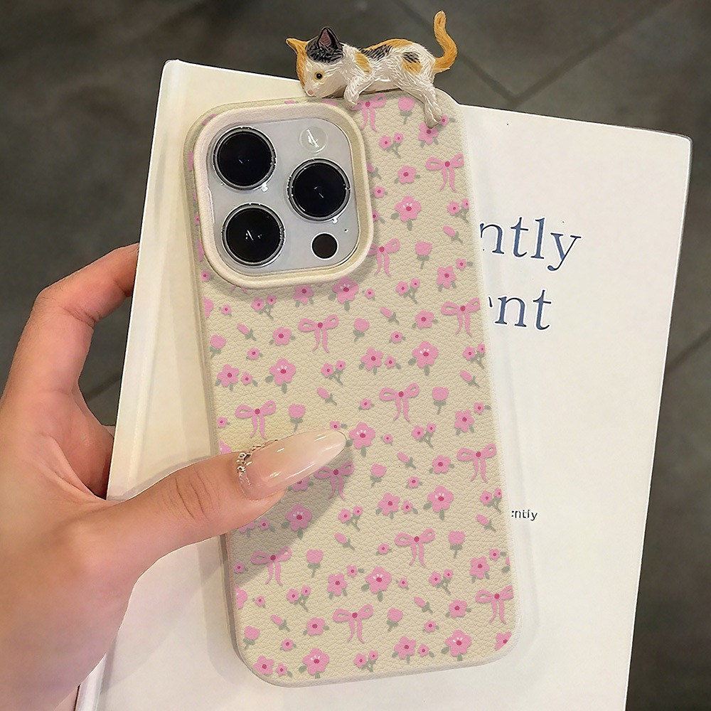 可愛いリボンフラワーと3Dキュートな猫のレザー製スマホケース - Plants X のレビューと価格